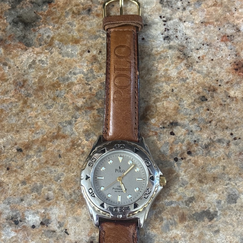 Vtg Polo Ralph Lauren Women Diver Rotating Bezel Leather Quartz Watch Y2K 90s